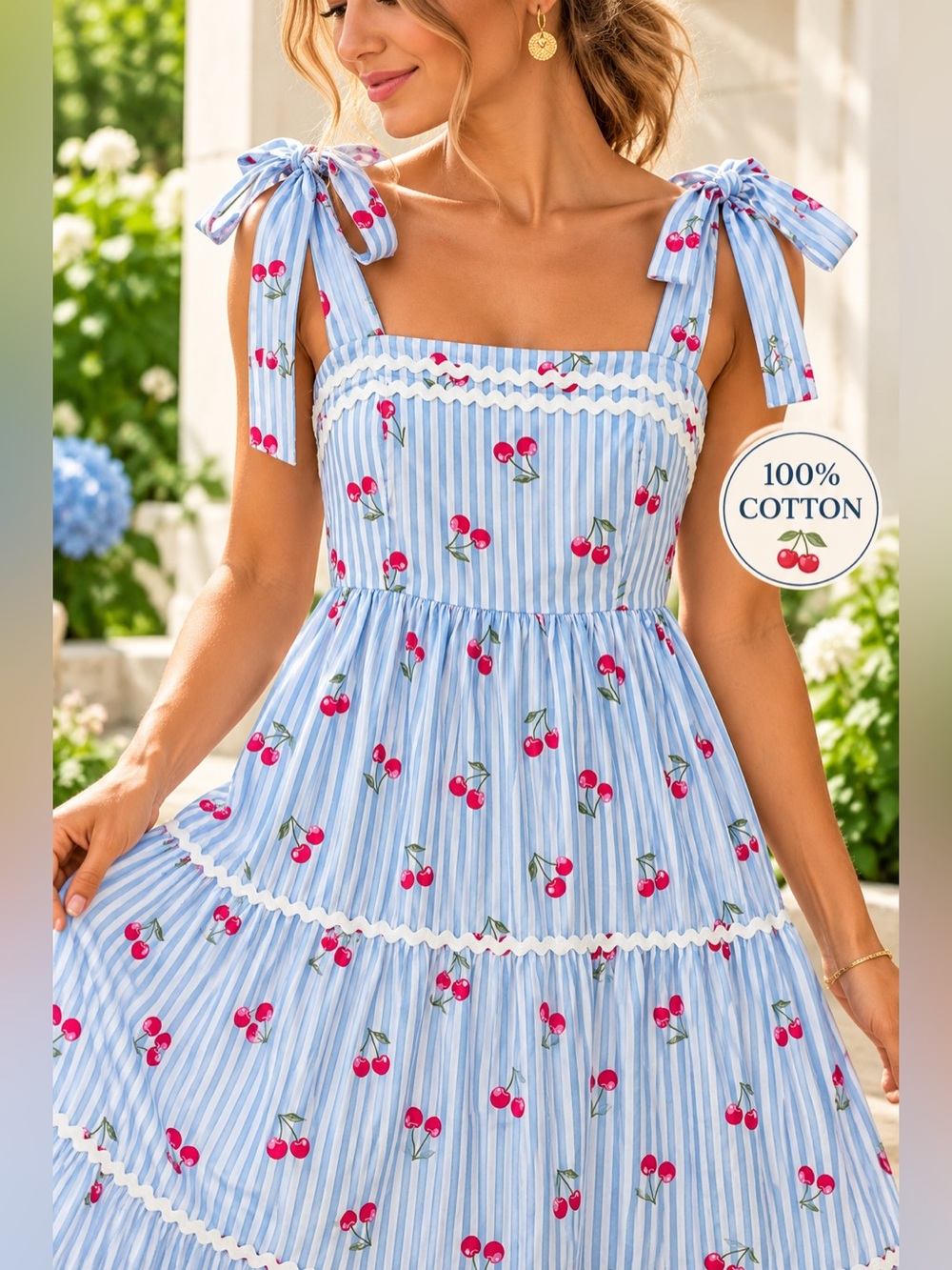 Rachel Zoe Blue Striped Cherry Print Bow Strap Maxi Dress Size 6 NWT